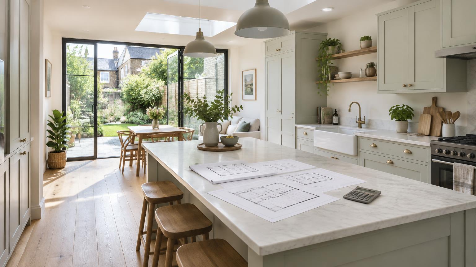 Illustration of an improved kitchen opening onto a garden, with plans and a calculator on the island